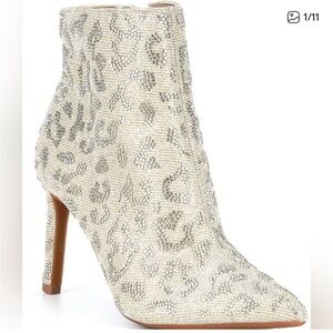 Gianni Bini Leopard Rhinestone Stiletto Boots - Cream, Champagne tone on tone